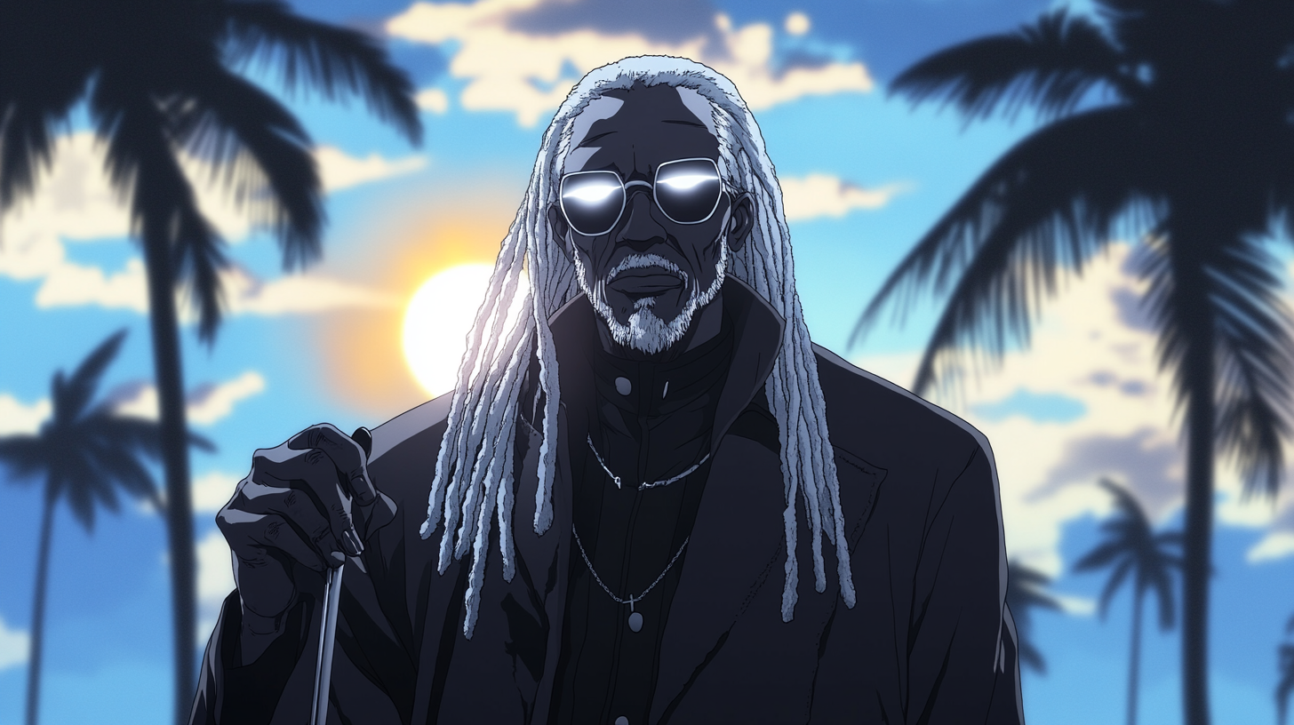 Blind Jamaican Zombie Priest: Anime Style Sunset Scene