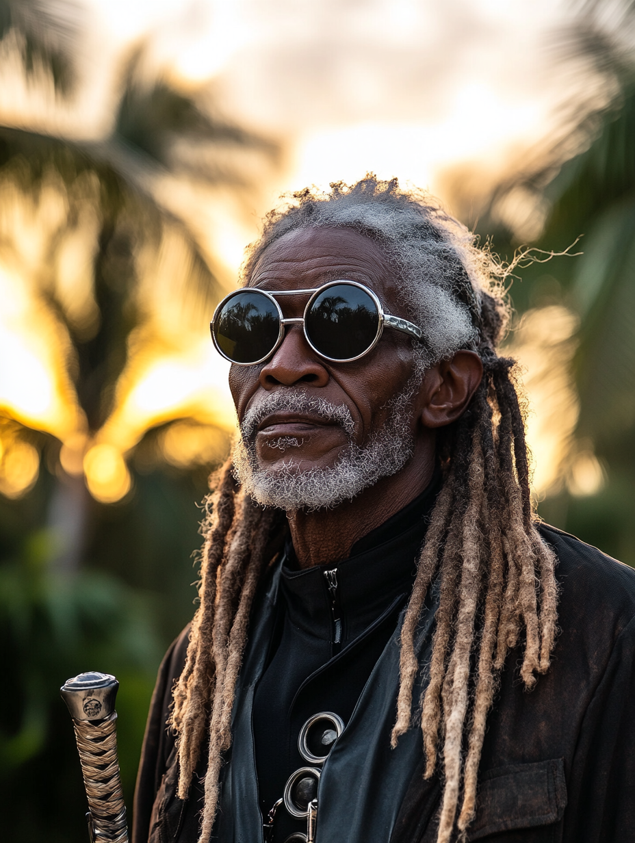 Blind Jamaican man in stylish sunglasses, silver dreadlocks