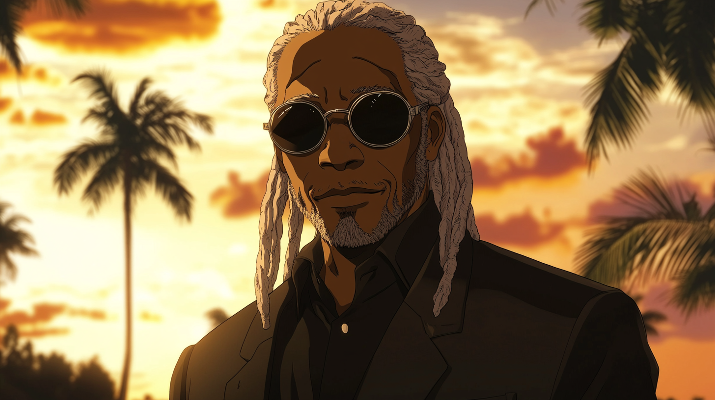 Blind Jamaican man with silver dreadlocks in anime.