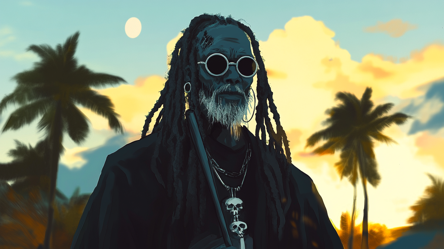 Blind Jamaican zombie priest with long dreadlocks