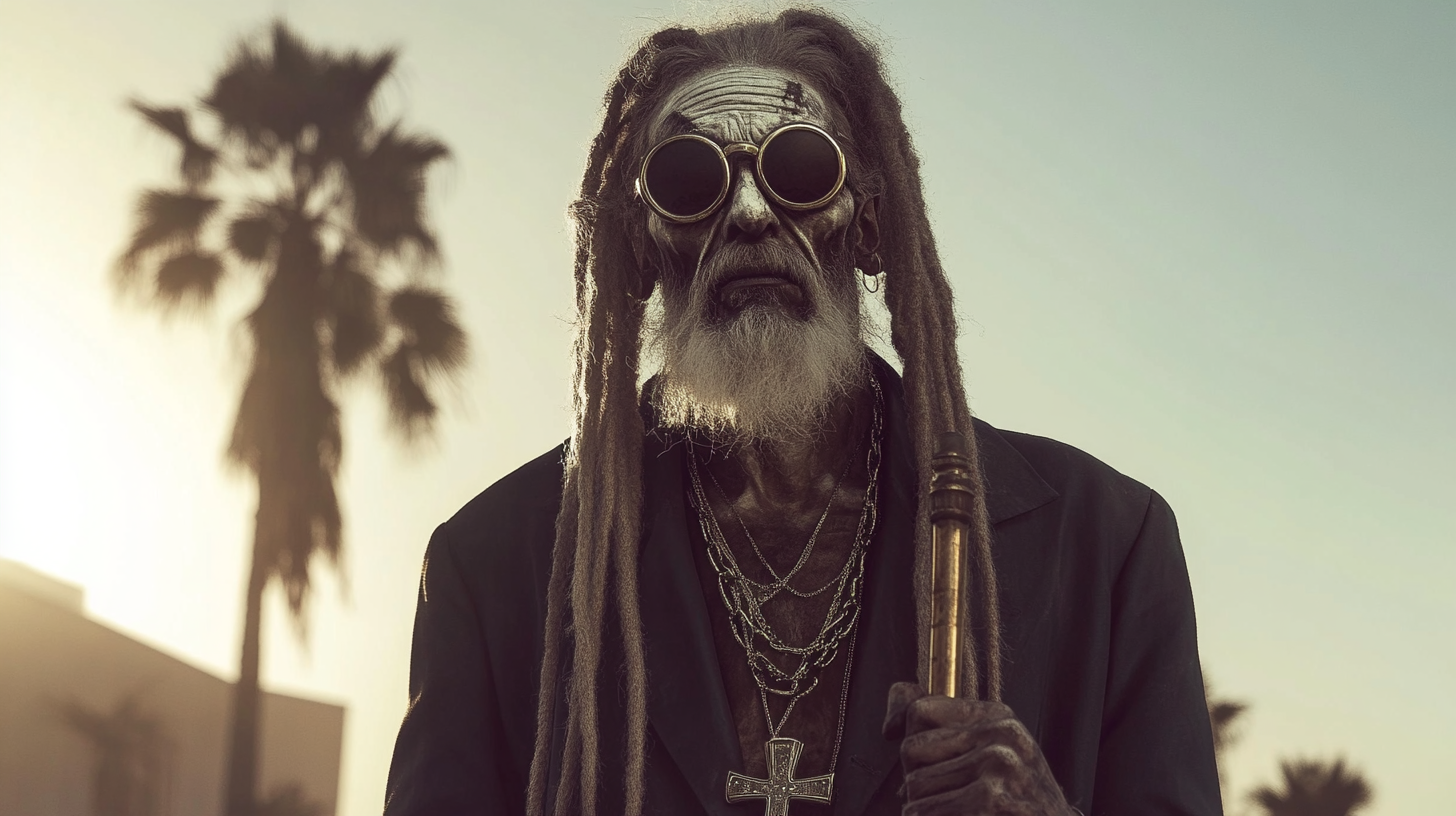 Blind Jamaican zombie priest with silver dreadlocks.