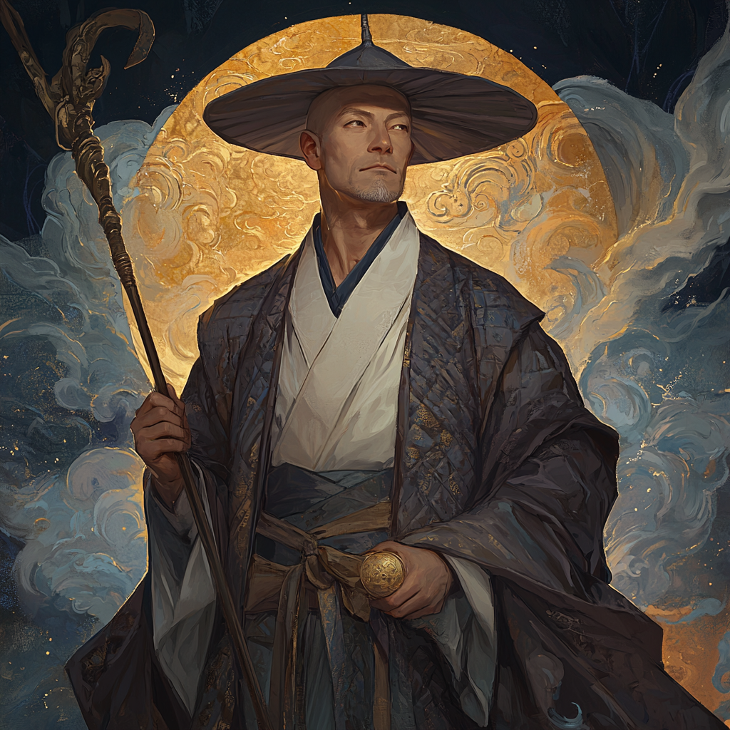 Blind human monk Brother Quan portrait, serene and commanding.