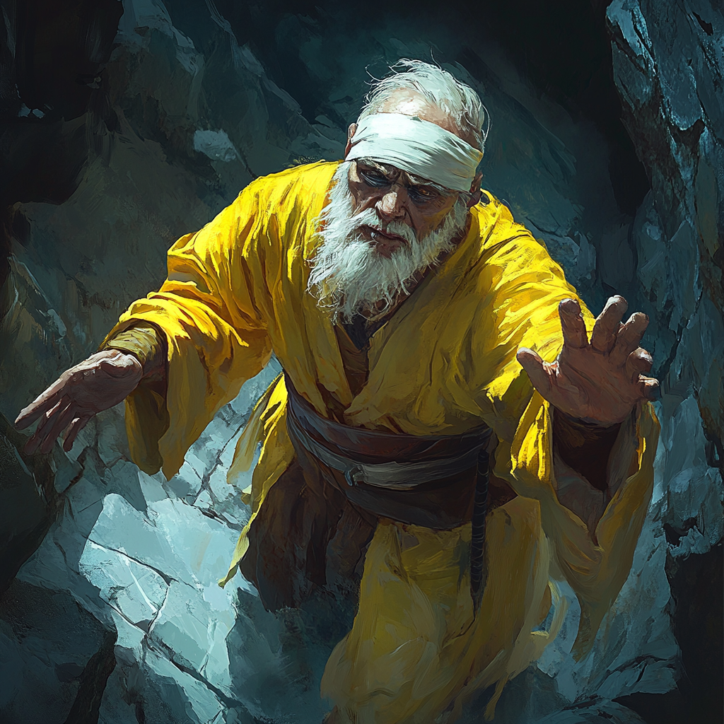 Blind old man in cavern, yellow robe, fantasy art.