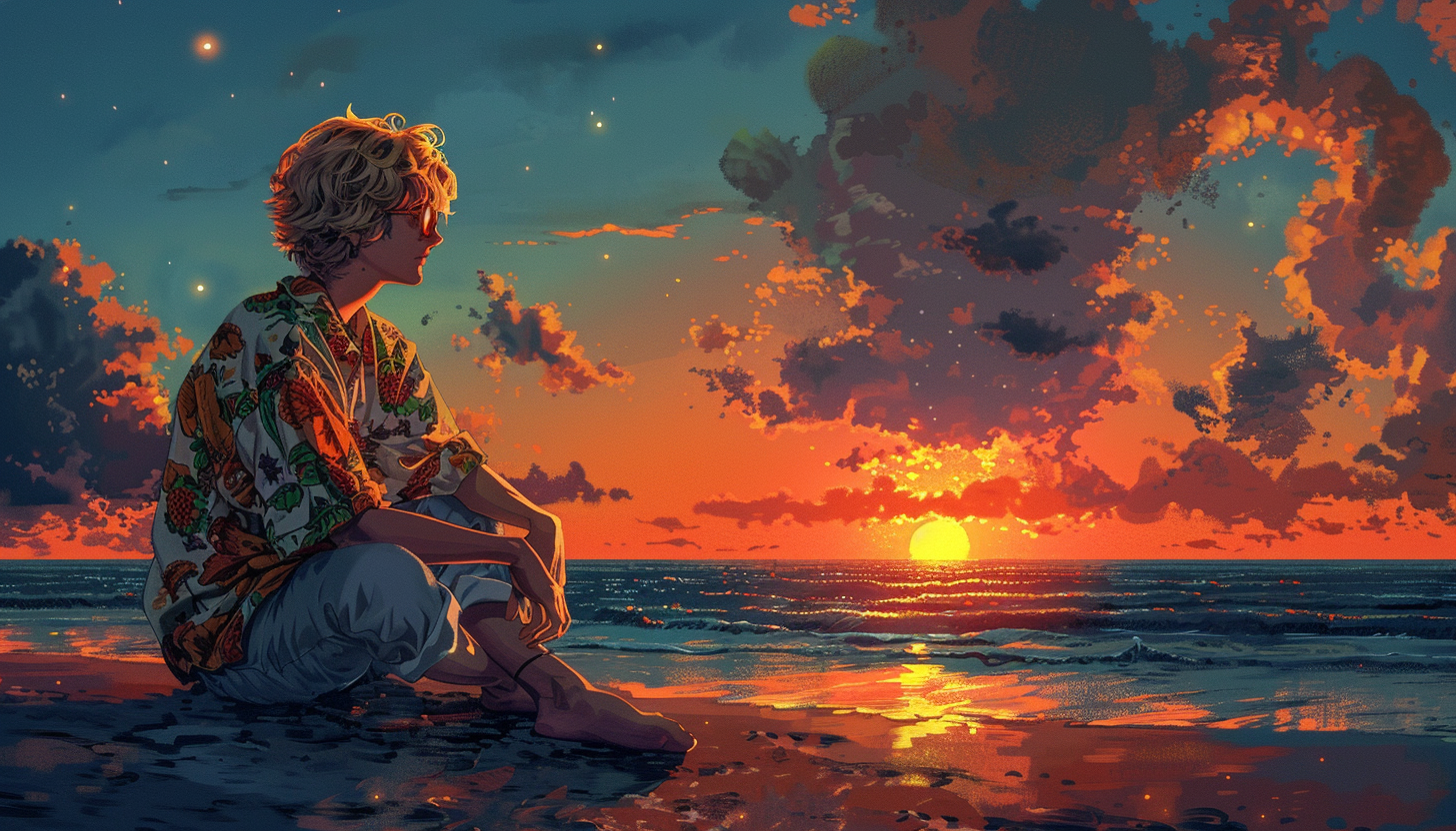 Blond Man Reflecting on Beach at Sunset, Ghibli Style