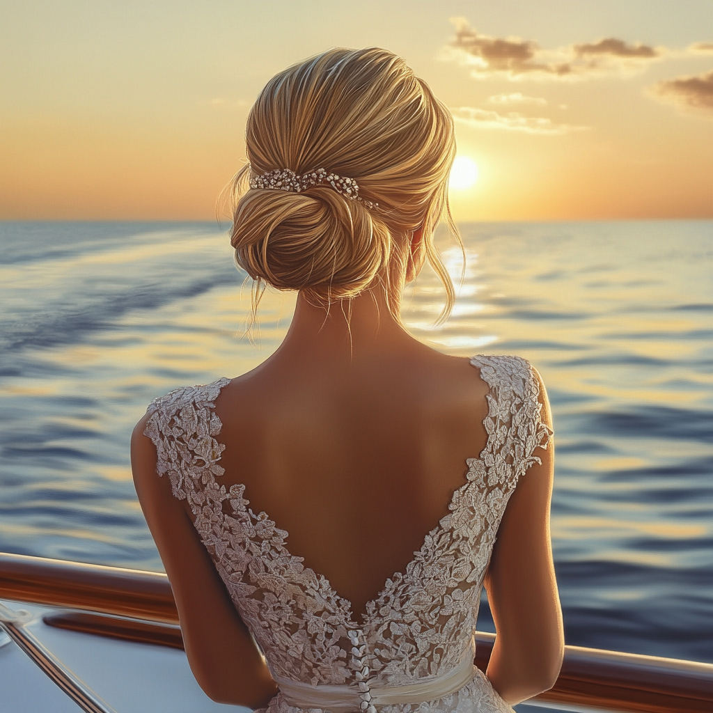 Blond Woman in White Dress Enjoying Yacht Sunset