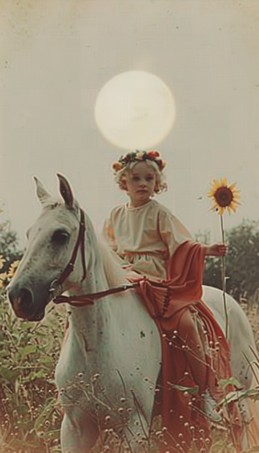 Blond baby with flower crown on white horse in sunflower field.