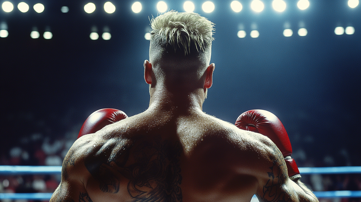 Blond boxer with tattoos wins fight in stadium