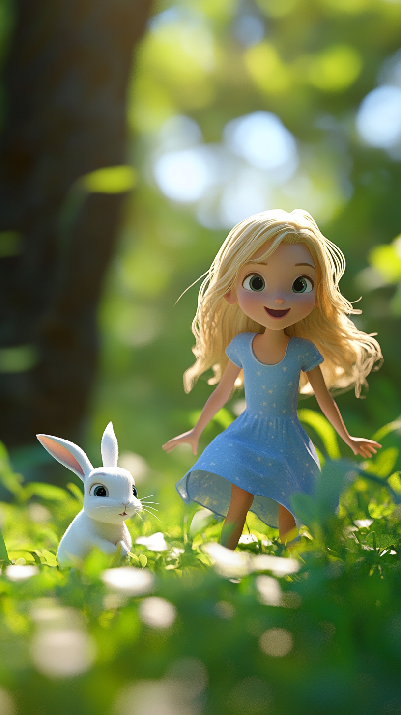 Blond girl in blue dress chases rabbit. Sunny forest.