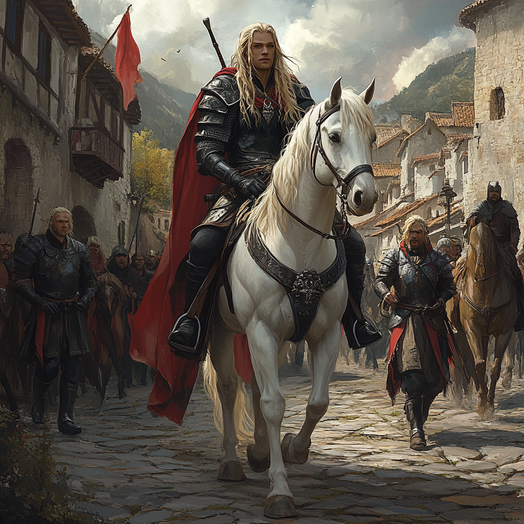 Blond man on white horse near crossroads with army.