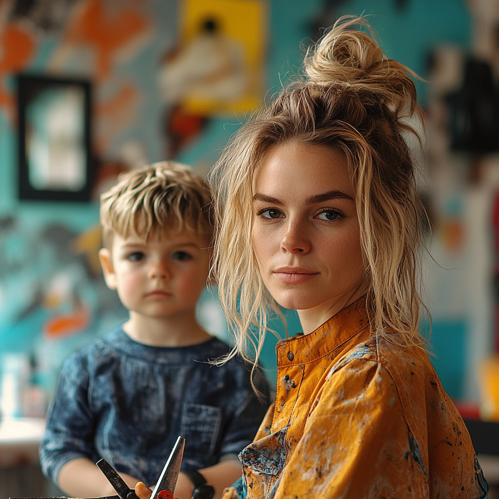 Blond woman cutting child's hair in colorful salon, fierce.