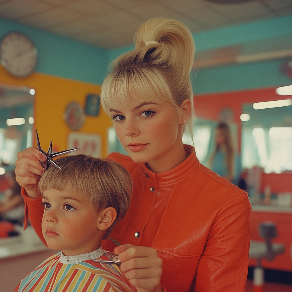 Blond woman in children's salon, cutting child's hair.