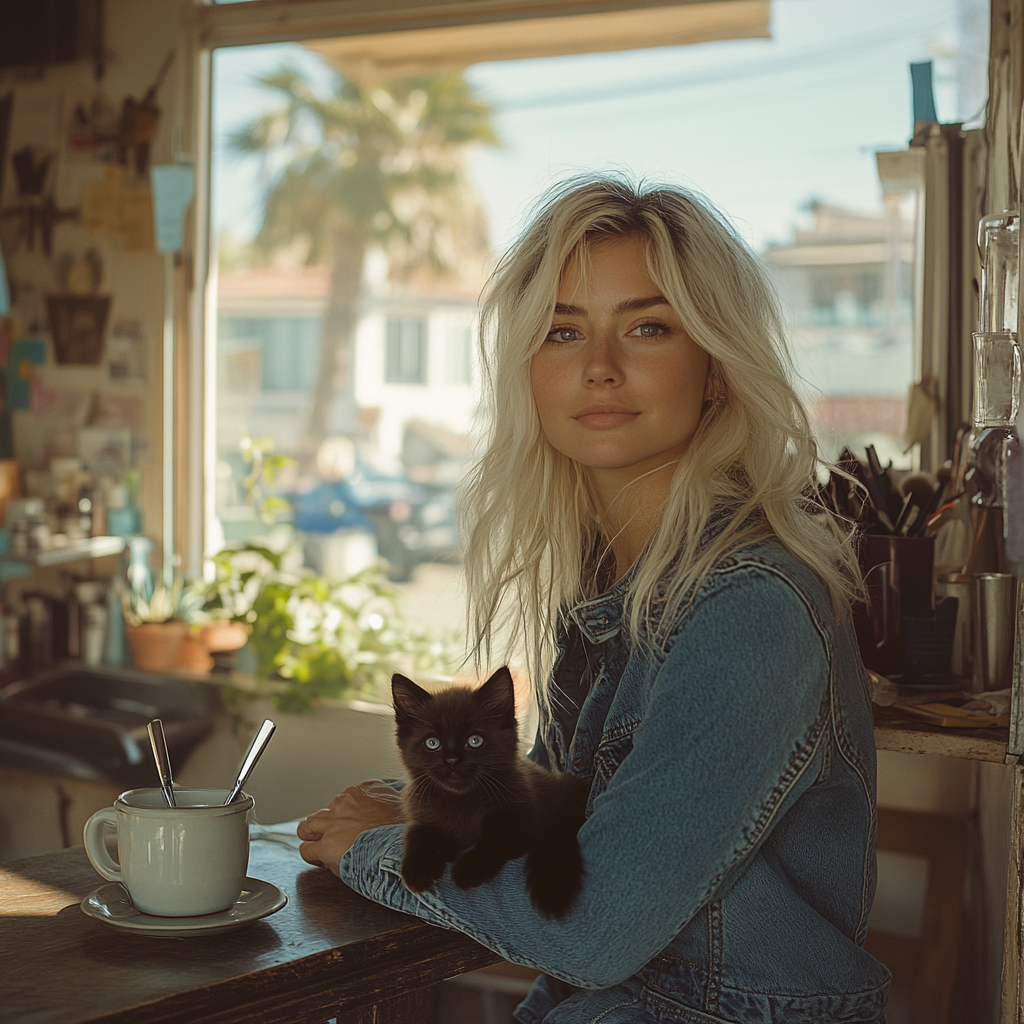 Blond woman in cozy hair salon with kitten. Ocean view.