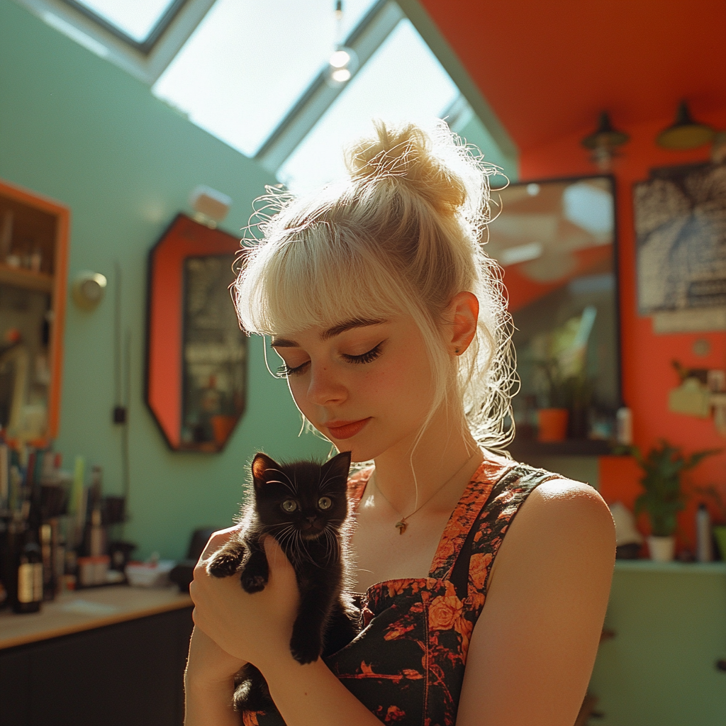 Blond woman with ponytail holding black kitten in salon.