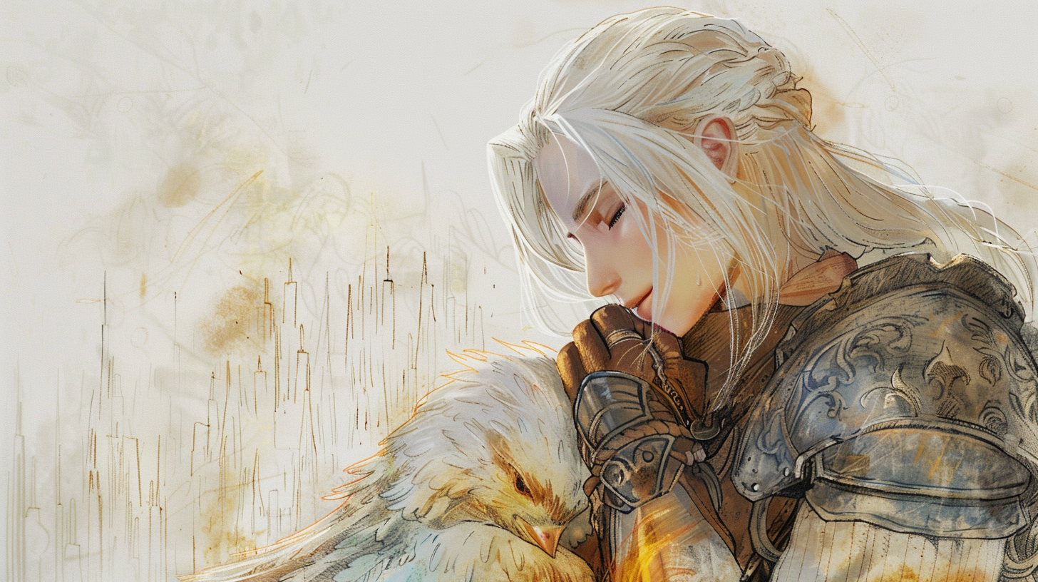 Blonde Ashe with armor holds Chocobo in watercolor portrait.
