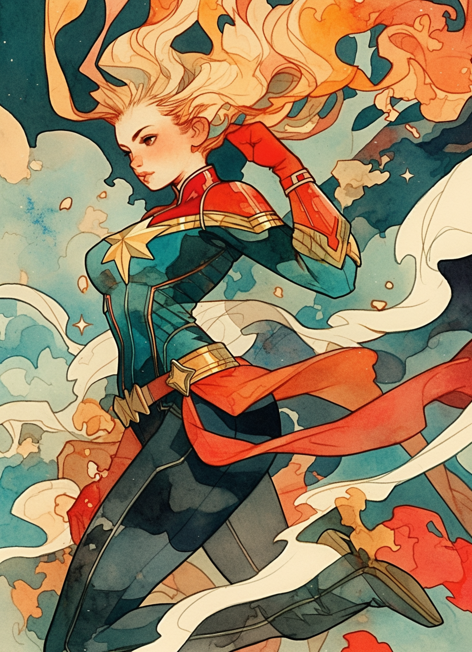 Blonde Captain Marvel with long hair in watercolor style.