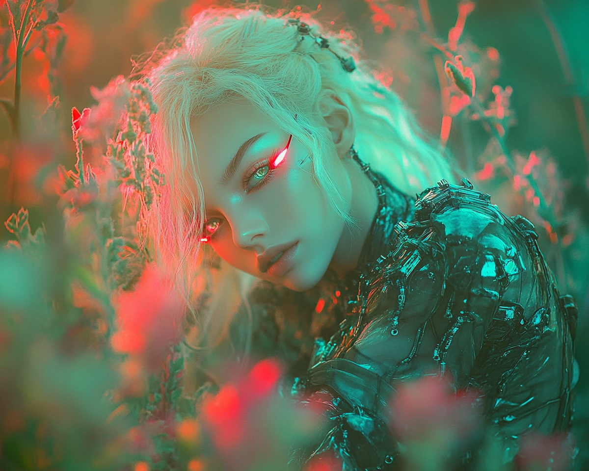 Blonde Cyborg Woman in Colorful Garden - Digital Art