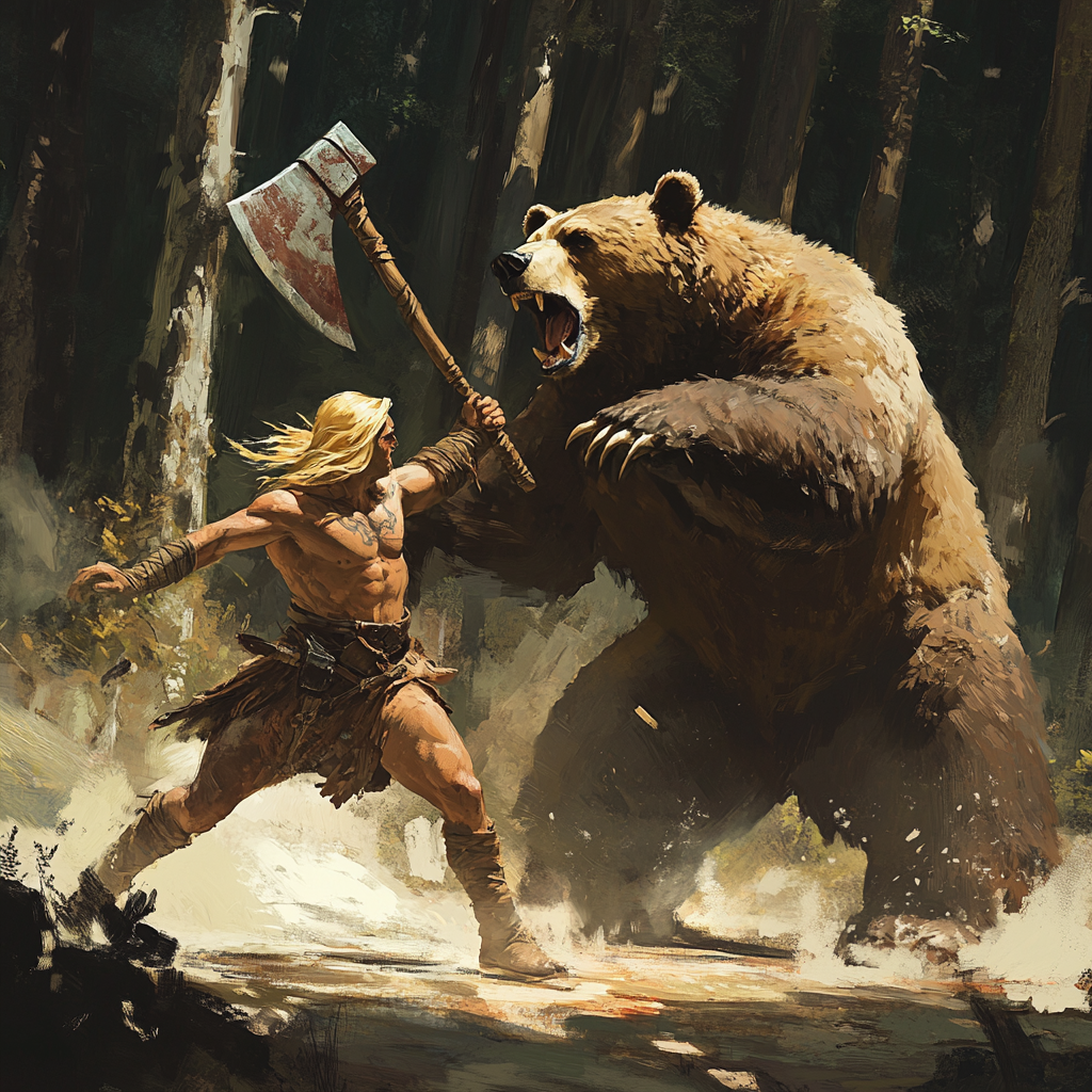 Blonde Gladiator vs Angry Bear in Forest - Stock Image