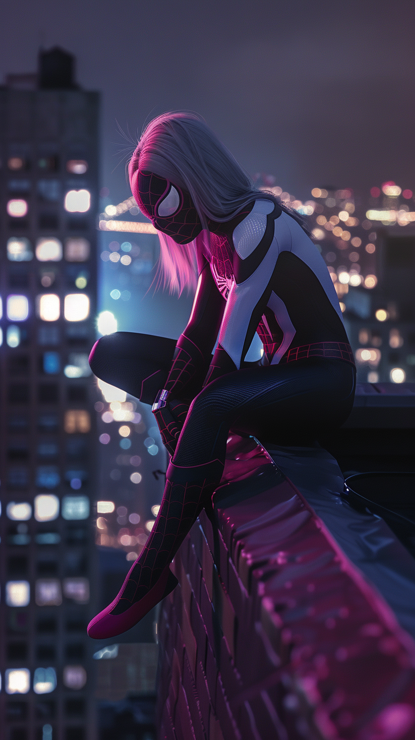 Blonde Spider-Gwen on NYC rooftop at night.