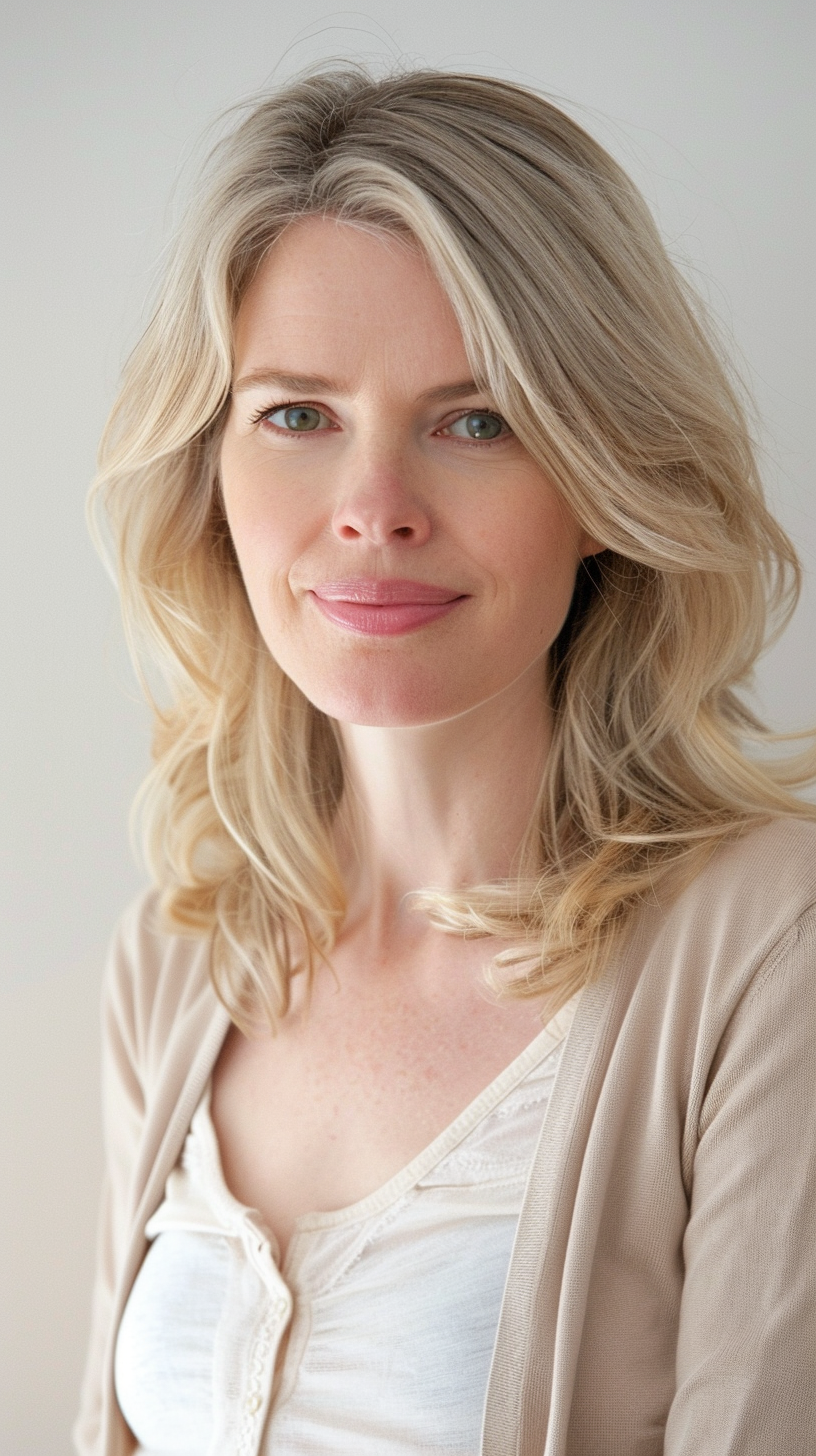 Blonde Teacher in Casual Attire, Green Eyes, Smiling