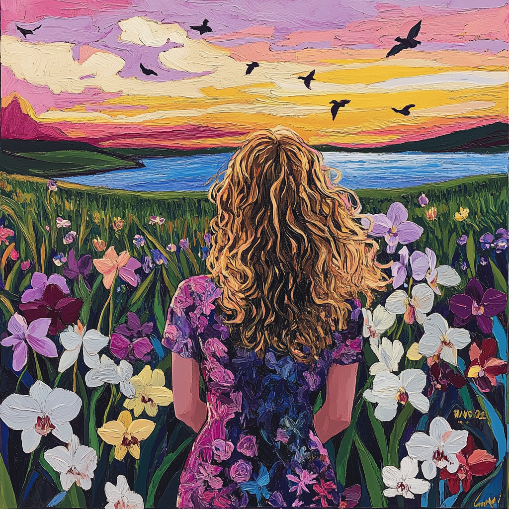 Blonde Woman Standing in Field of Orchids at Sunset