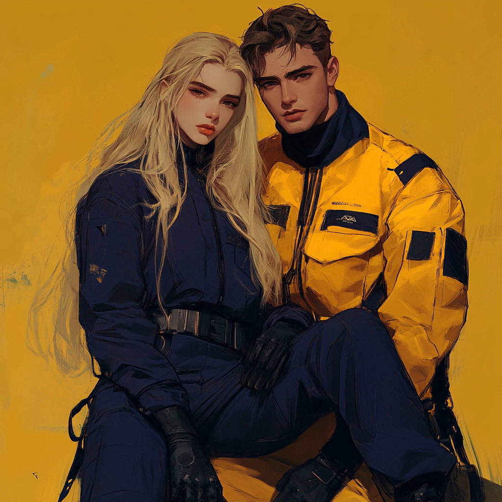 Blonde Woman and Man in Utopian Outfits