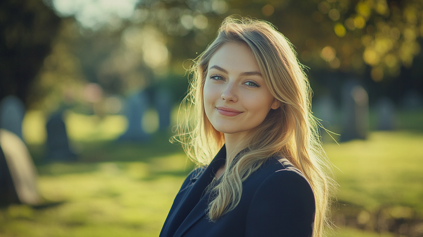 Blonde Woman in Dark Blue Business Clothes Smirking in Cemetery