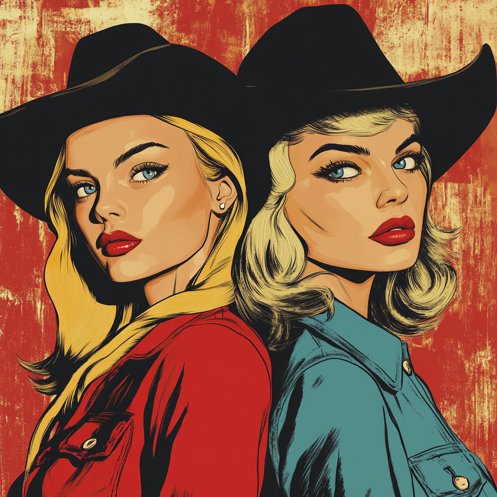 Blonde and brunette cowgirls in vintage comic style.