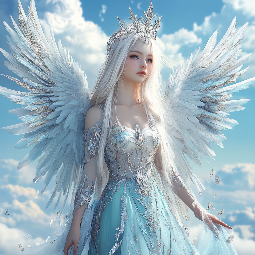 Blonde angel with crown, blue eyes, flying in sky.