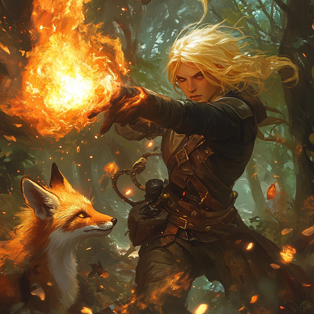 Blonde artificer fails casting fireball, hits two-tailed kitsune.