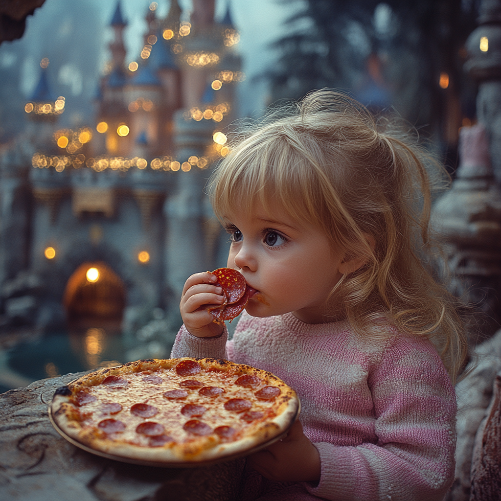 Blonde baby eating pizza in magical castle