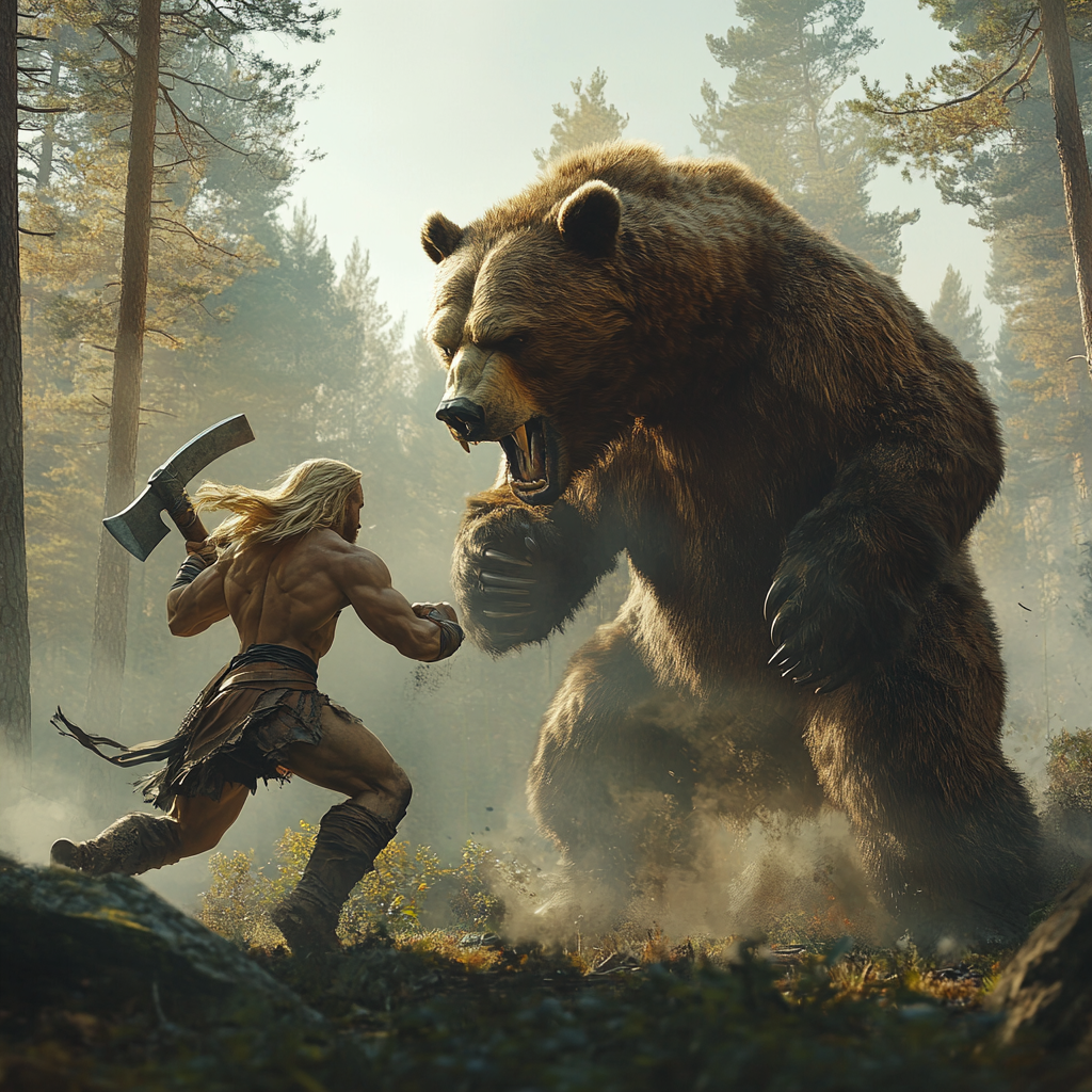 Blonde barbarian battles bear in forest, equal height, axe