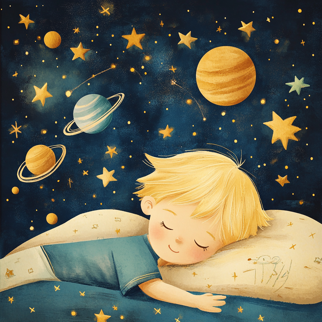 Blonde boy sleeping surrounded by stars and planets.