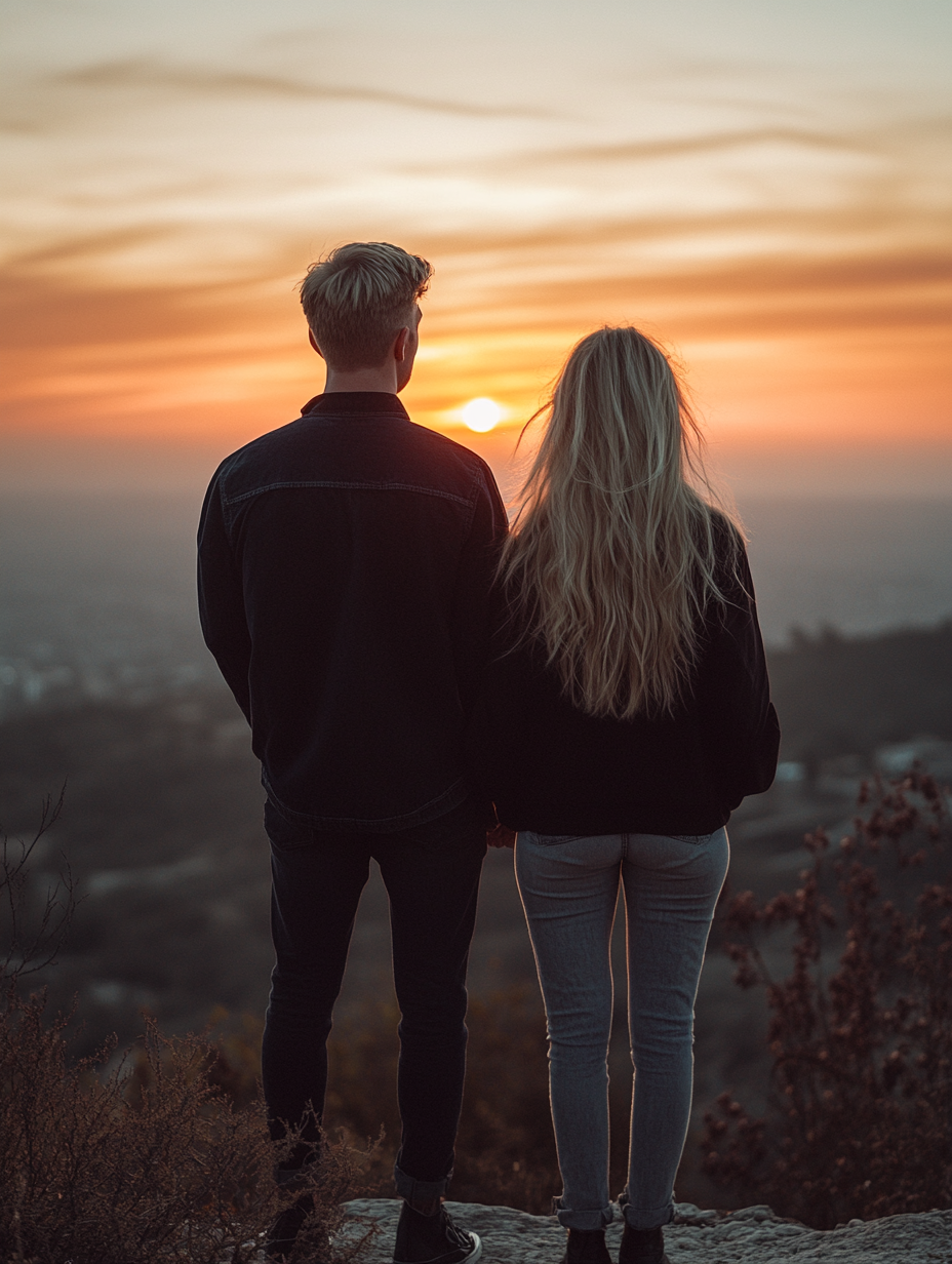 Blonde couple in black shoes watching sunset together.