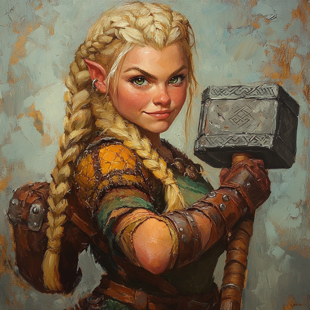 Blonde dwarf with warhammer in Viking style painting.