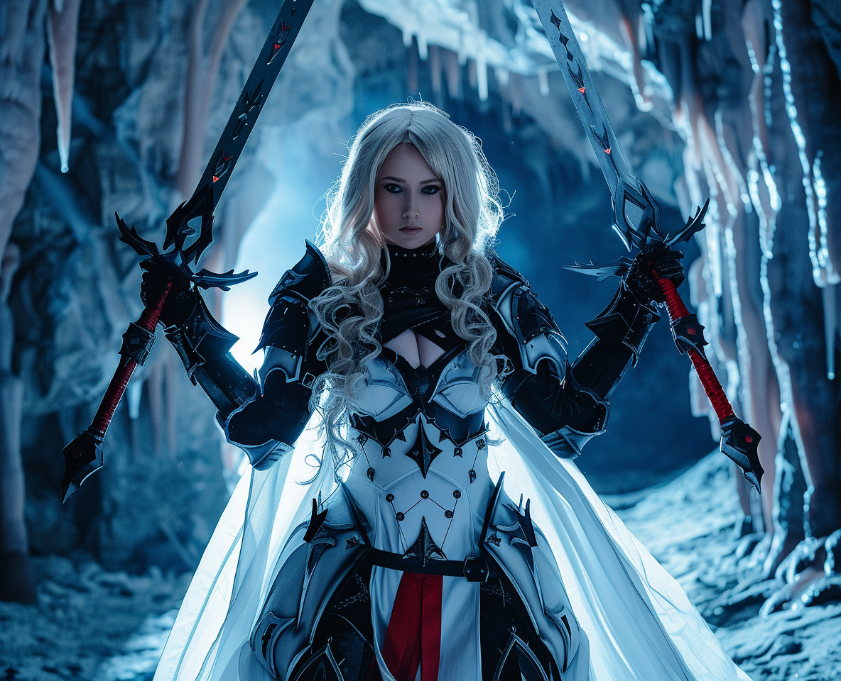 Blonde female archangel with swords in cave photo