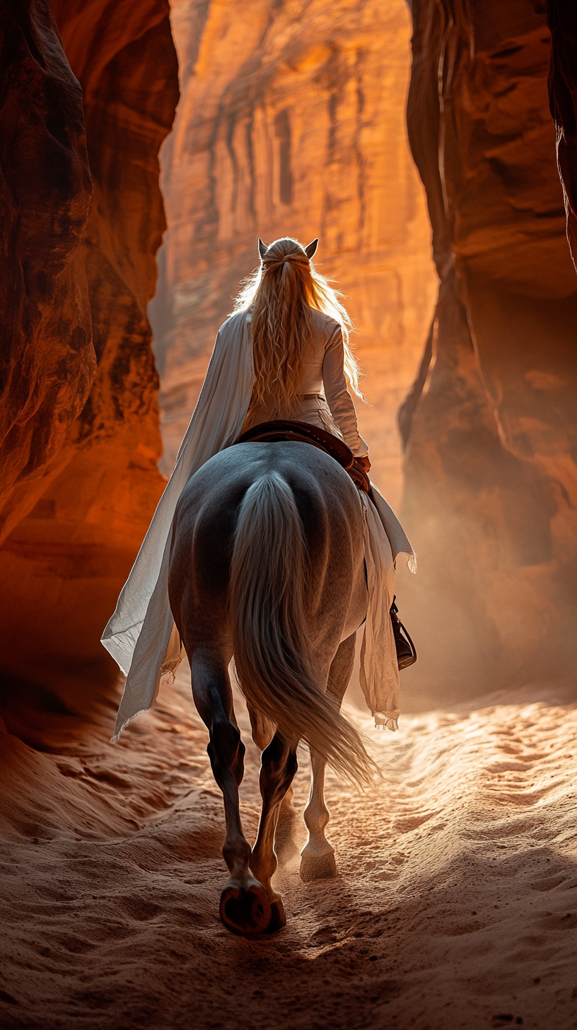 Blonde female on dapple horse in rock canyon sprinting.