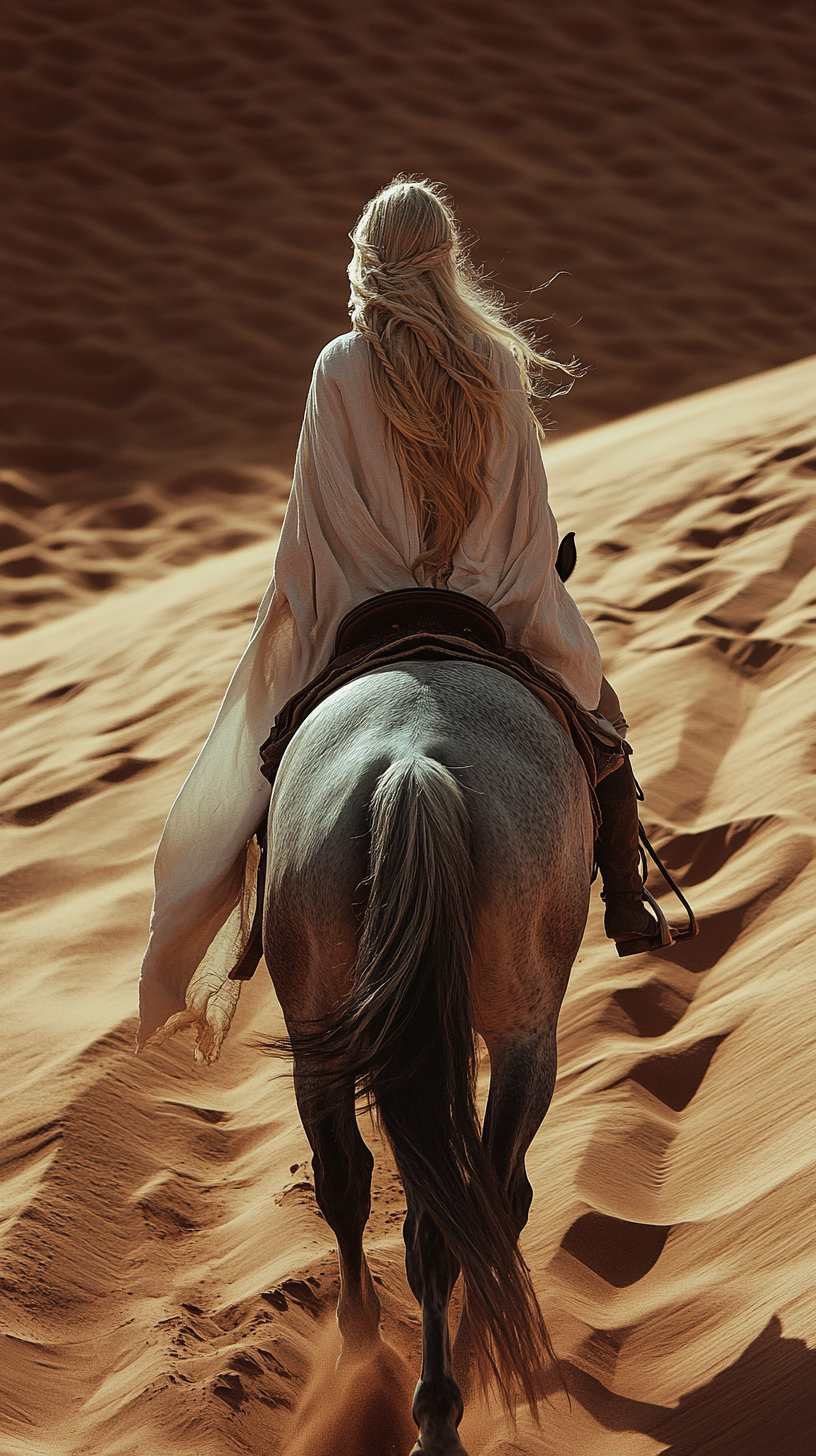 Blonde female rides dark gray dapple horse in desert.