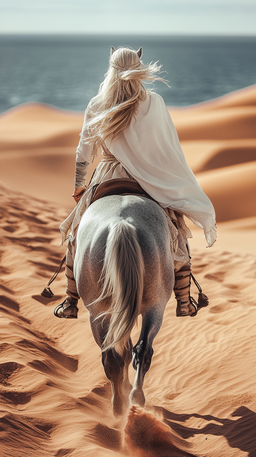 Blonde female riding dapple horse in desert and ocean.