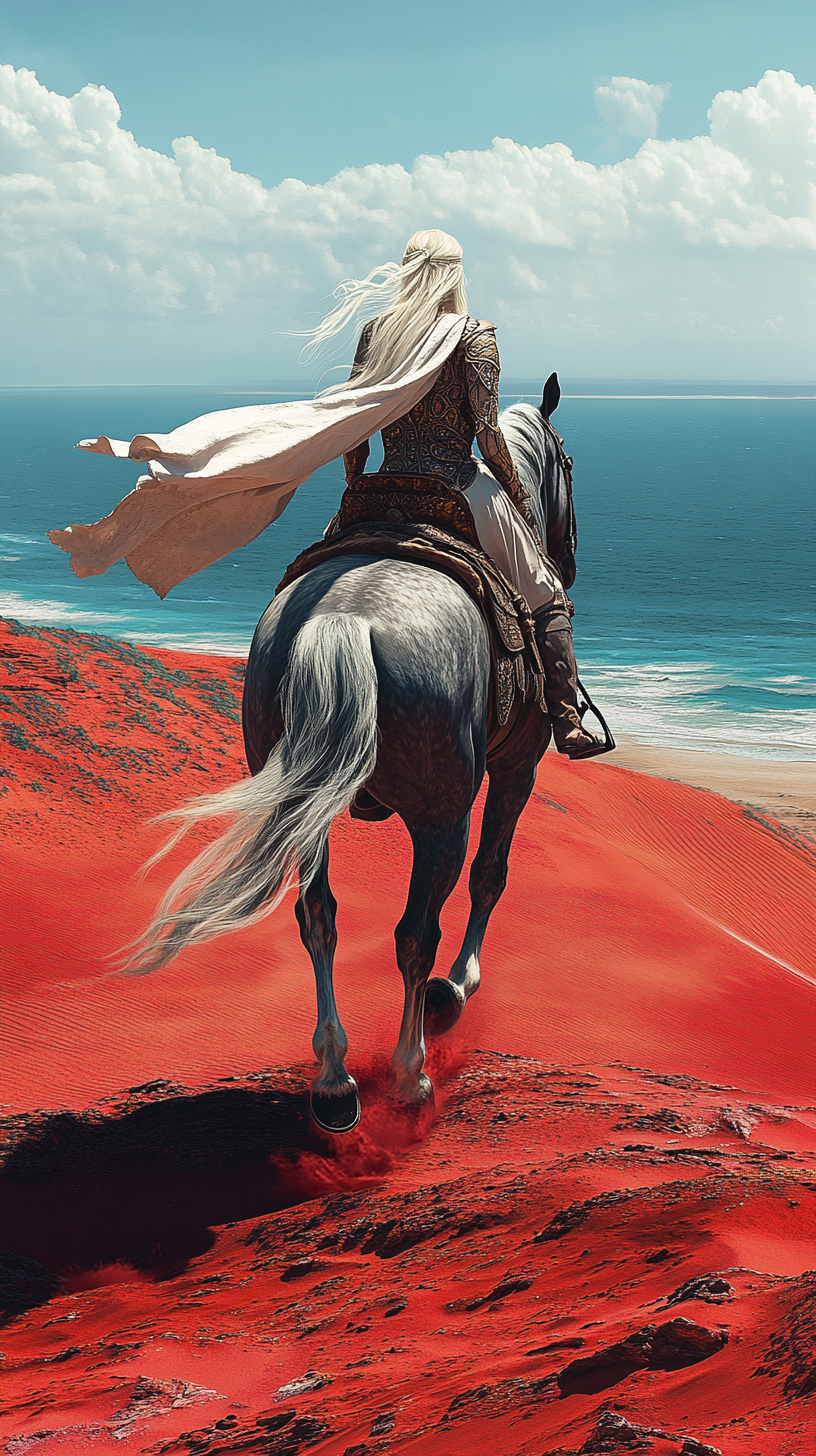 Blonde female riding dark gray dapple horse on dunes.