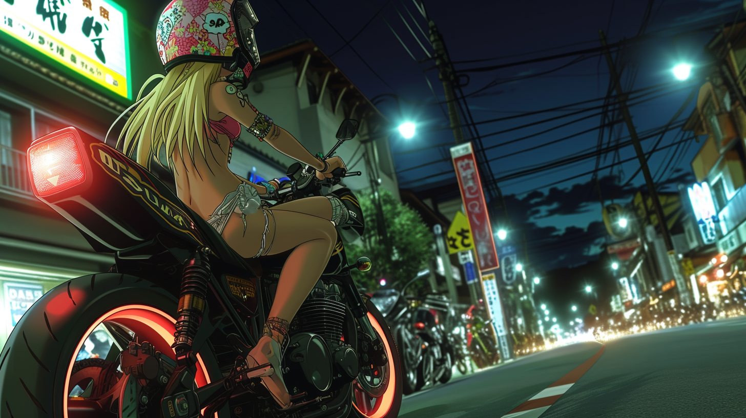 Blonde gal on bozosoku Yamaha motorcycle with LED decoration.