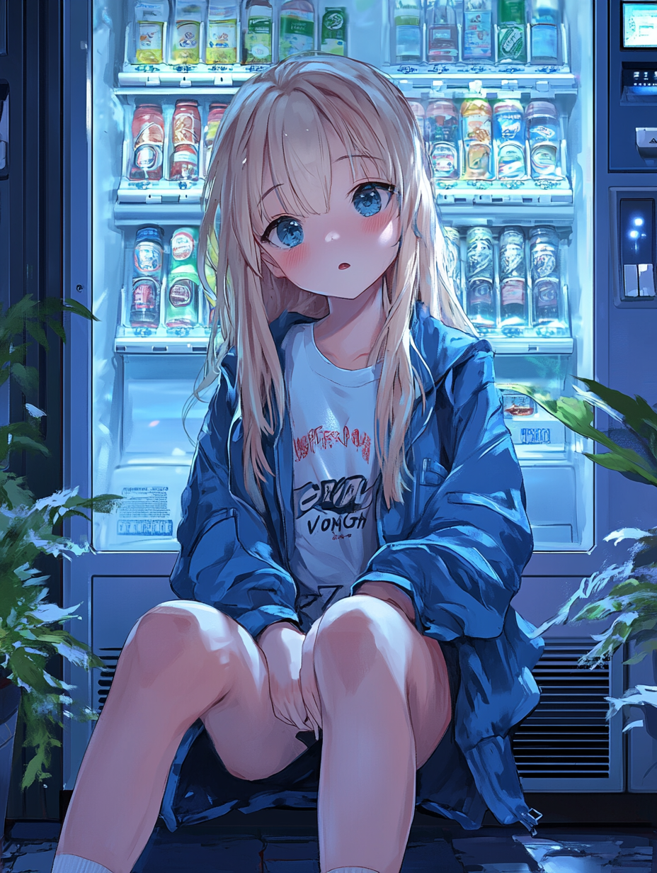 Blonde girl in casual outfit sitting near vending machine.