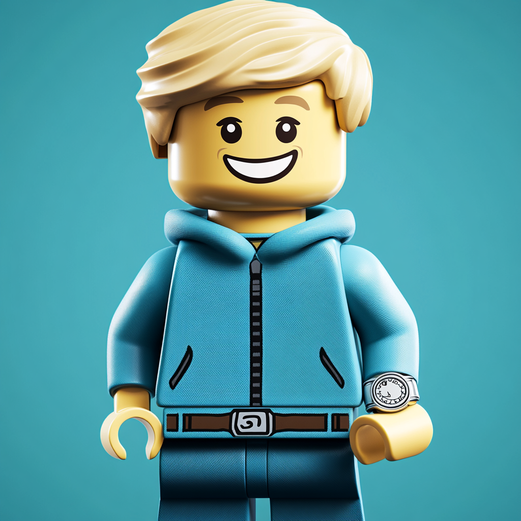 Blonde hair, brown eyes, blue hoodie toy mini-figure.