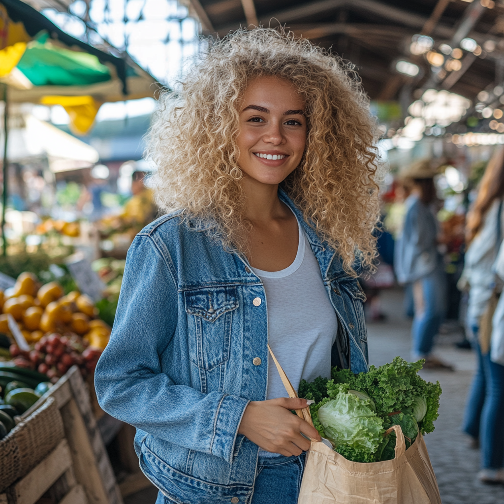 Blonde influencer at busy farmer's market, smiling warmly.