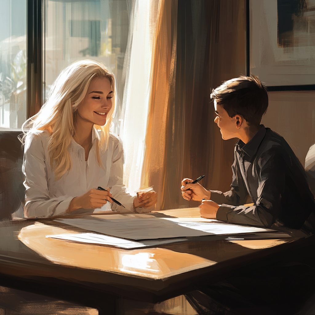 Blonde lawyer, kid, grandma at table smile, sign papers.