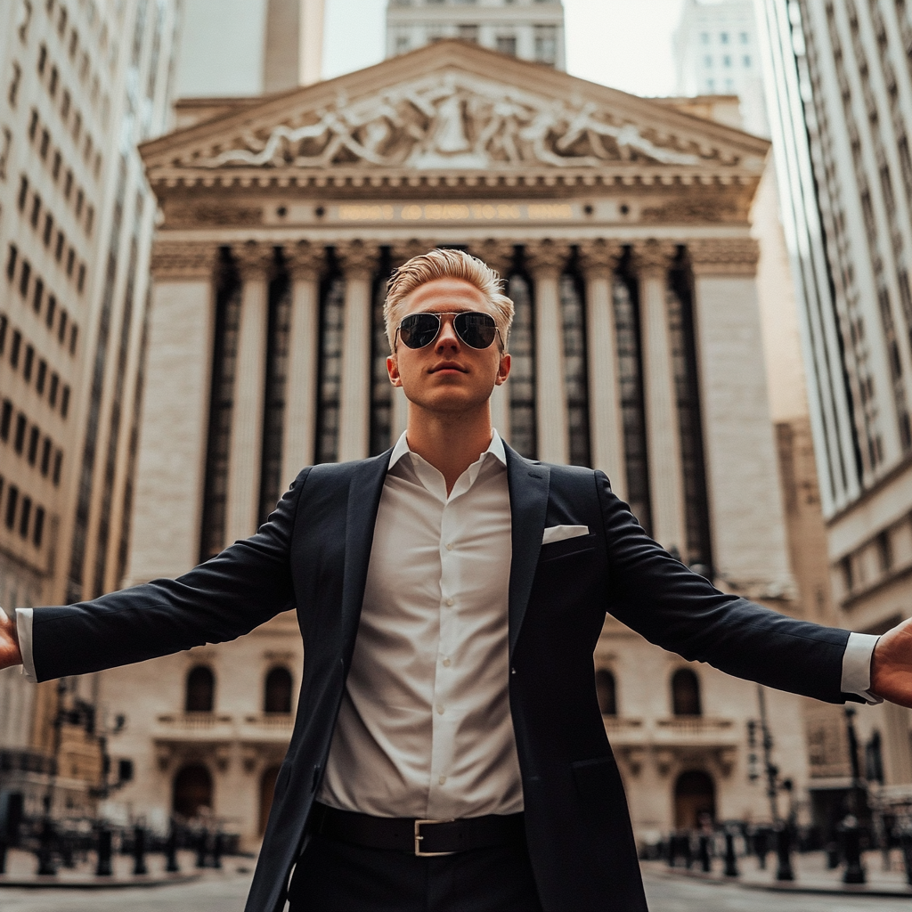 Blonde man in suit and sunglasses at NYSE.