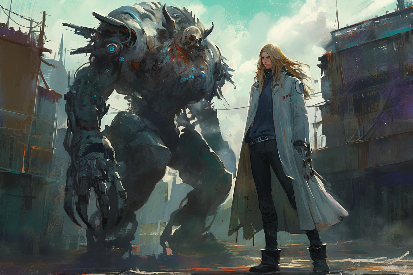 Blonde man in white coat, monster in town storm.