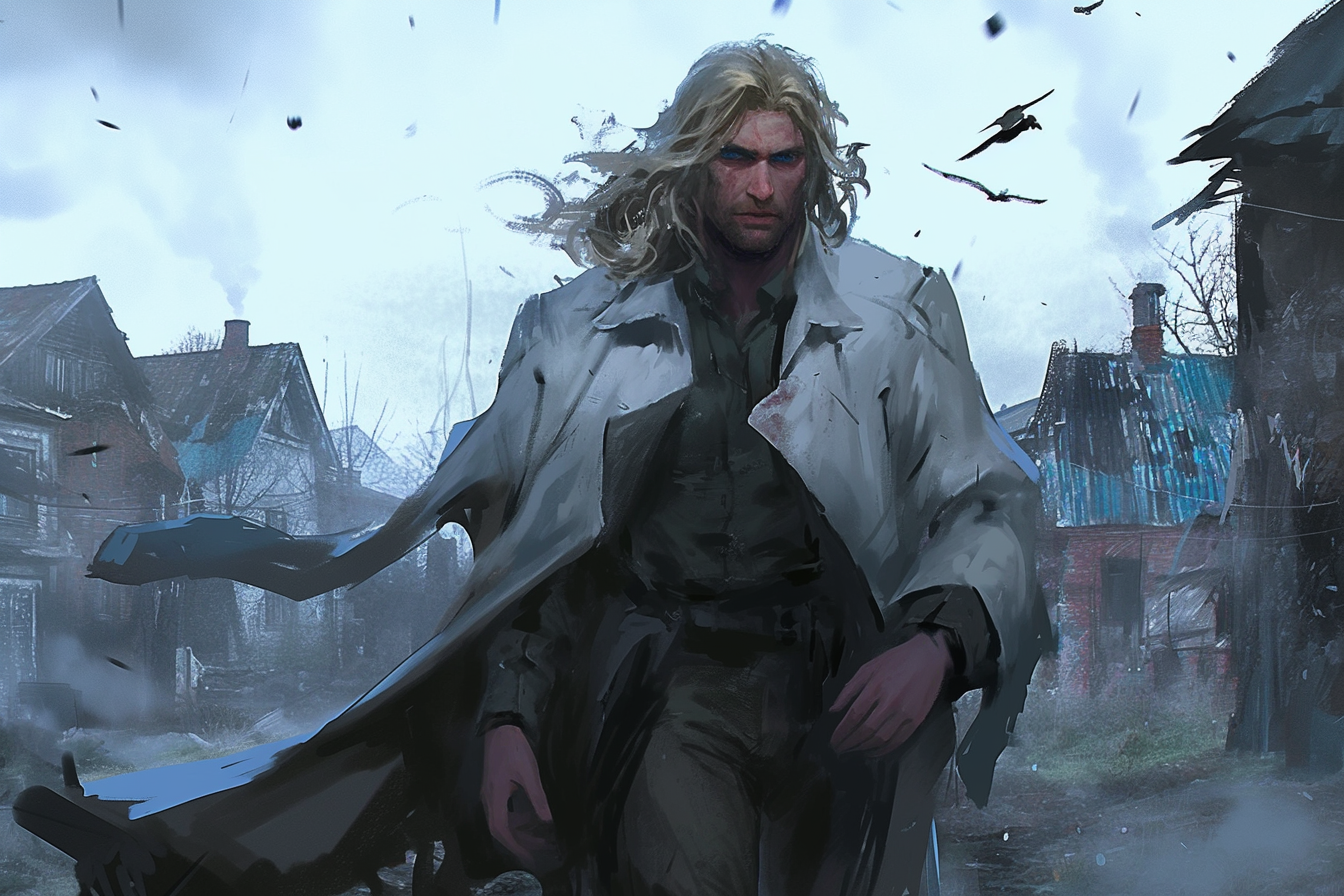 Blonde man in white coat in stormy town.