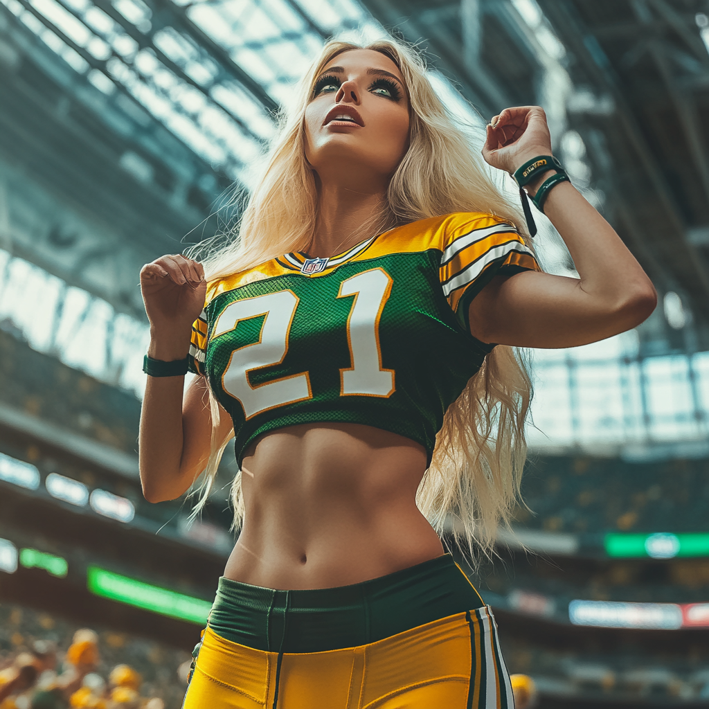 Blonde model in Packers jersey cheering at stadium.