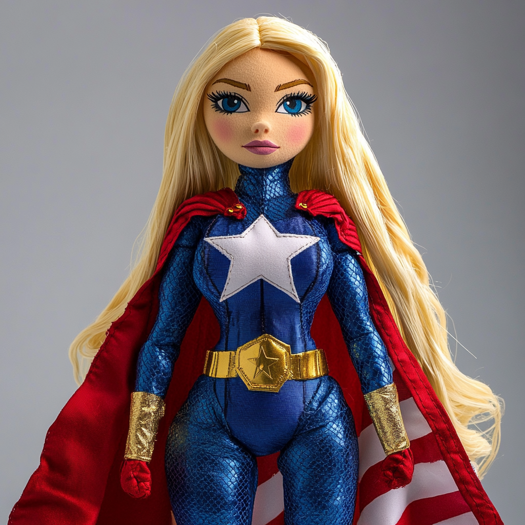 Blonde puppet hero with patriotic costume and cape.