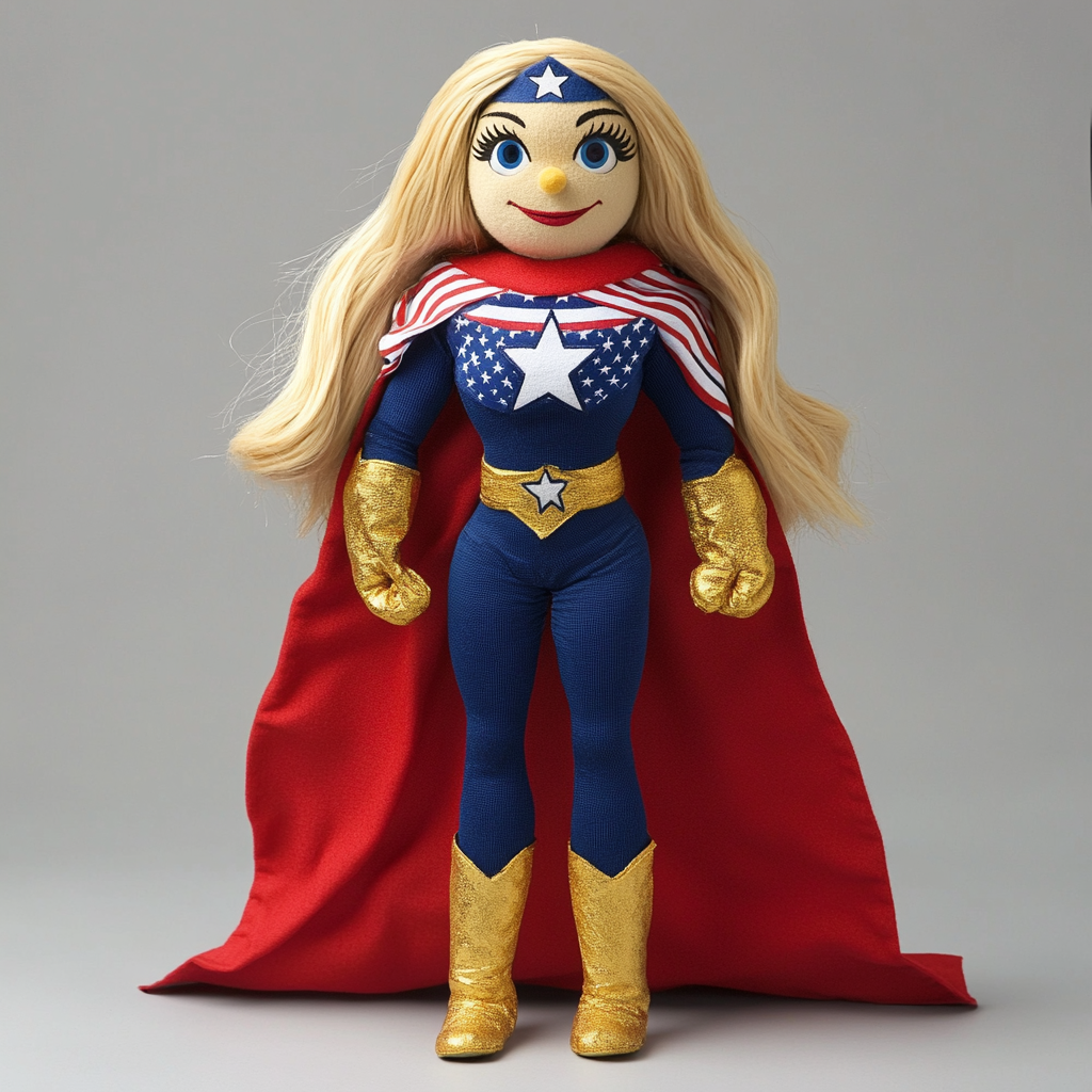 Blonde puppet with superhero bodysuit and American flag cape.